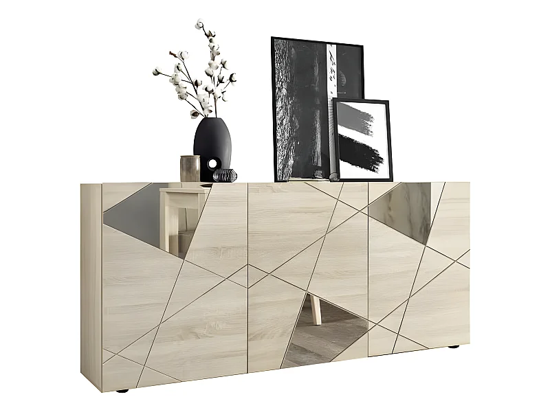 Buffet VICTORY - Décor Chene Sonoma - 3 Portes - Miroir - L 181 x P 42 x H 84 cm