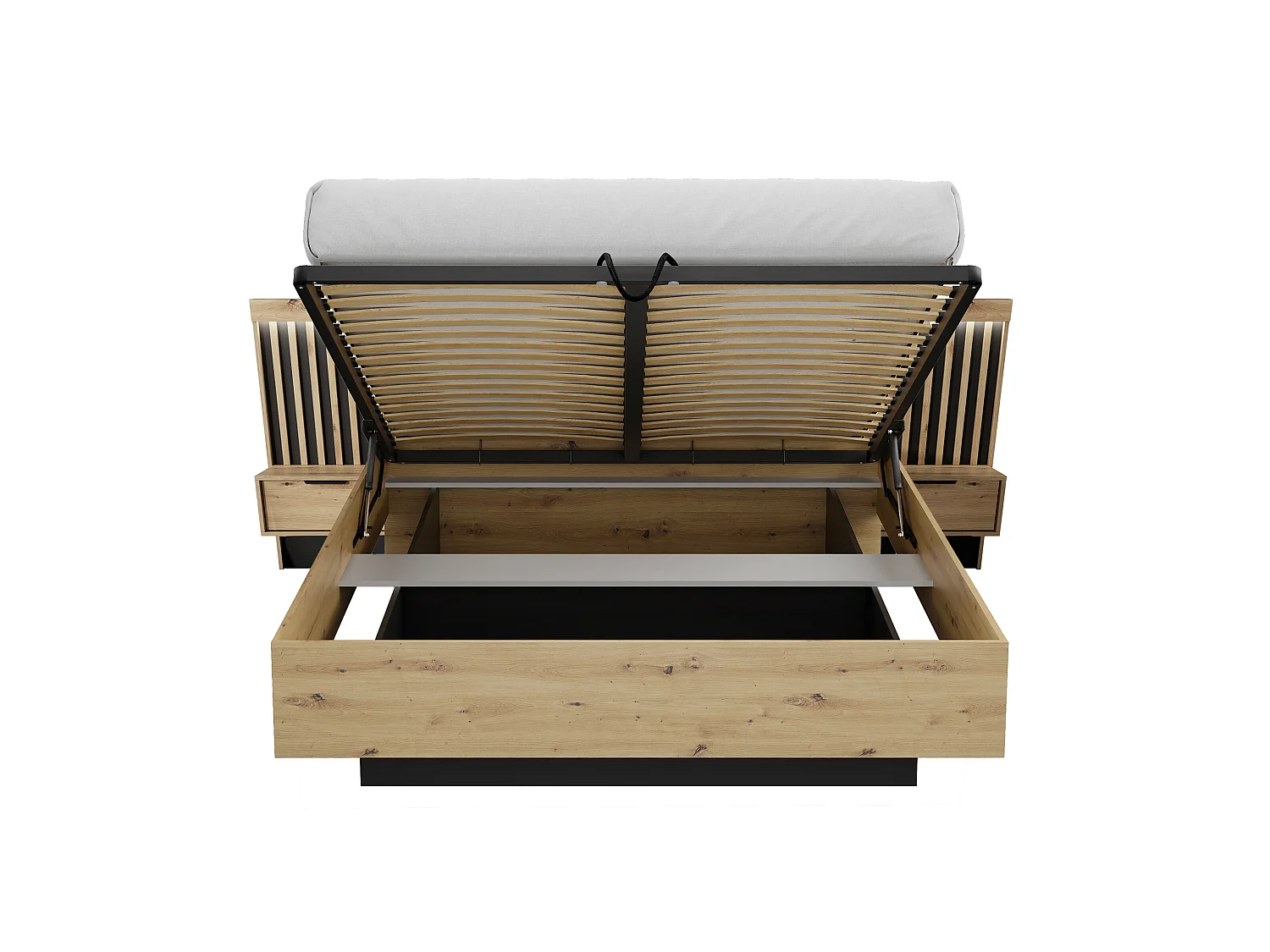 Ensemble lit coffre avec chevets 160 x 200 cm + Matelas + Commode + Armoire - Coloris : Naturel et noir - ARIADA