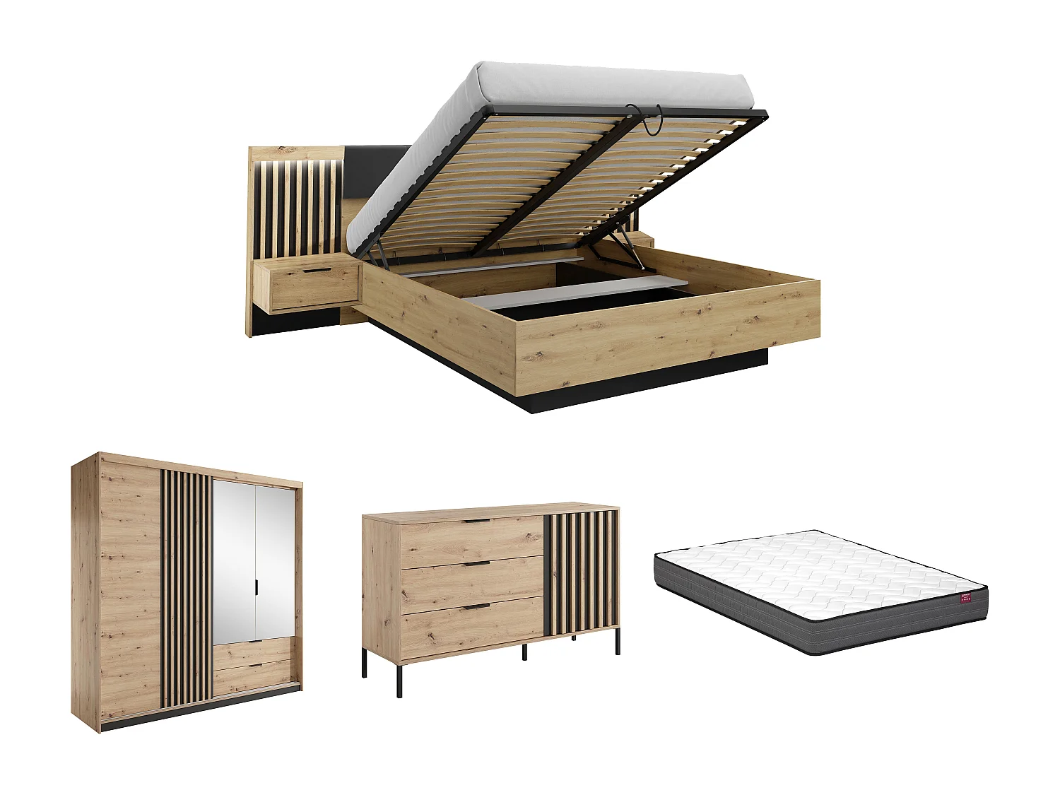 Ensemble lit coffre avec chevets 160 x 200 cm + Matelas + Commode + Armoire - Coloris : Naturel et noir - ARIADA
