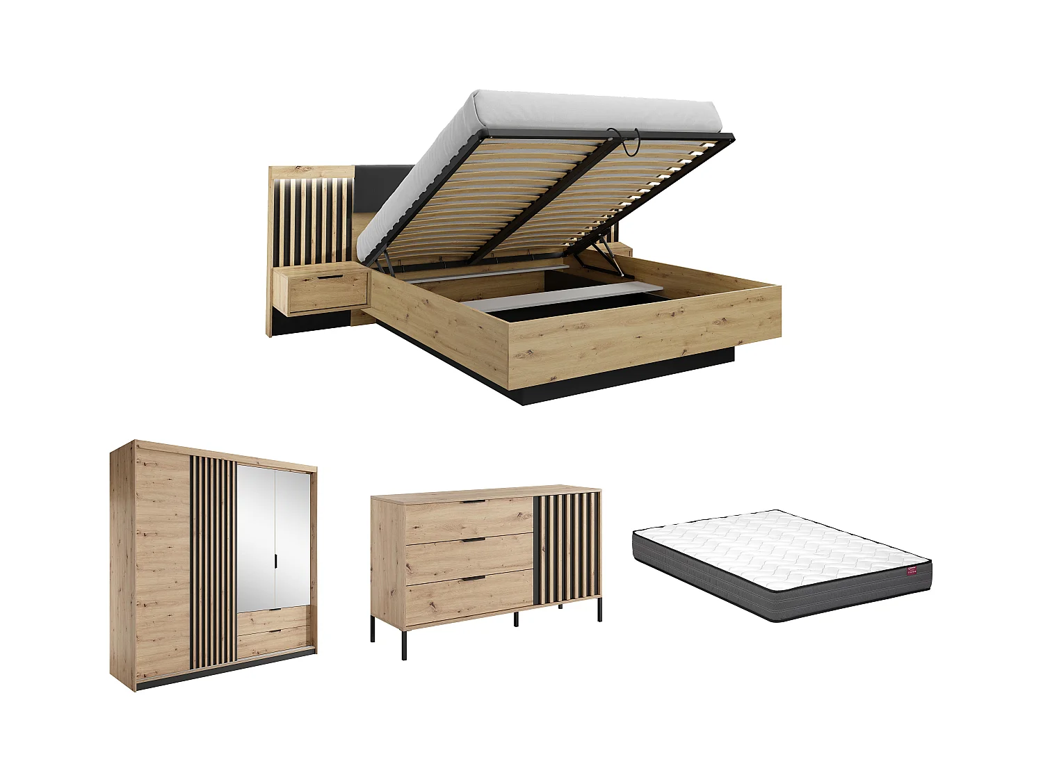 Ensemble lit coffre avec chevets 160 x 200 cm + Matelas + Commode + Armoire - Coloris : Naturel et noir - ARIADA