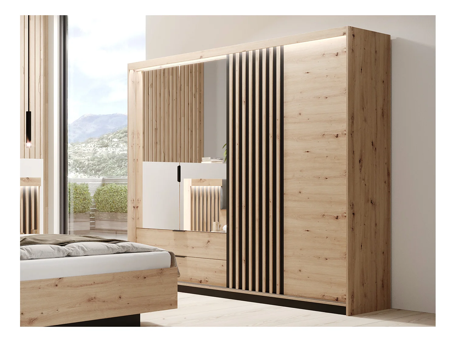 Ensemble lit coffre avec chevets 160 x 200 cm + Matelas + Commode + Armoire - Coloris : Naturel et noir - ARIADA
