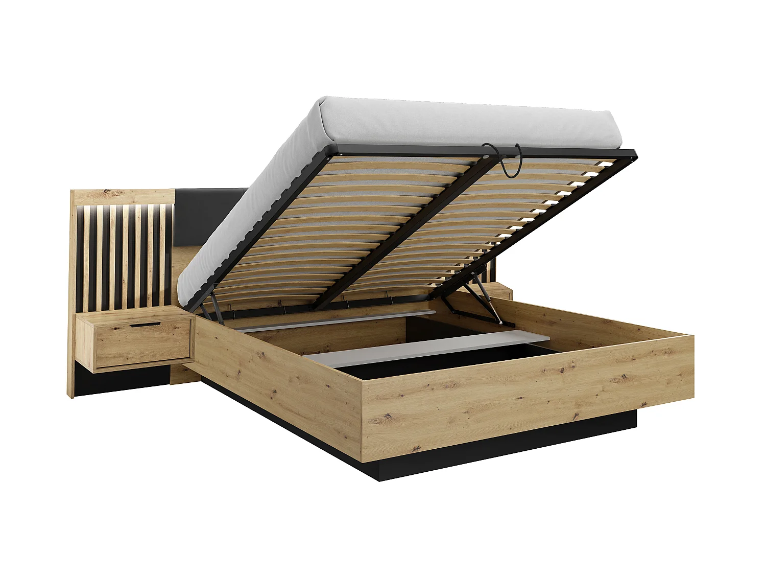 Ensemble lit coffre avec chevets 160 x 200 cm + Matelas + Commode + Armoire - Coloris : Naturel et noir - ARIADA