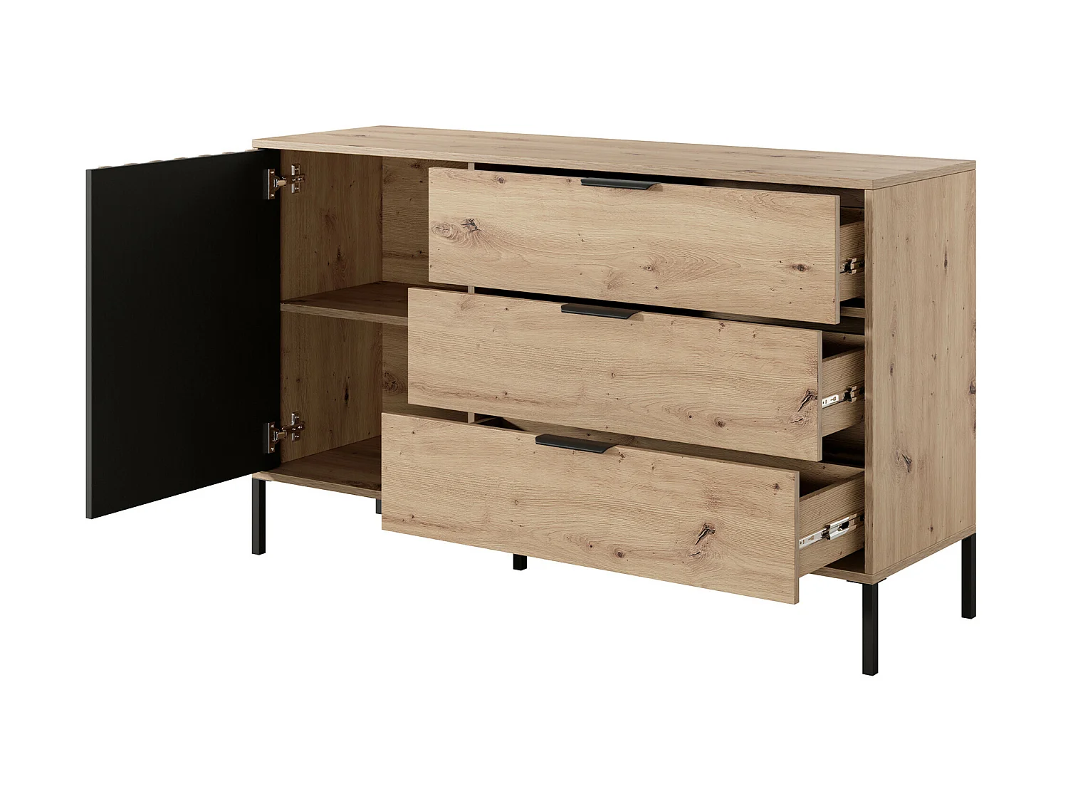 Ensemble lit coffre avec chevets 160 x 200 cm + Matelas + Commode + Armoire - Coloris : Naturel et noir - ARIADA