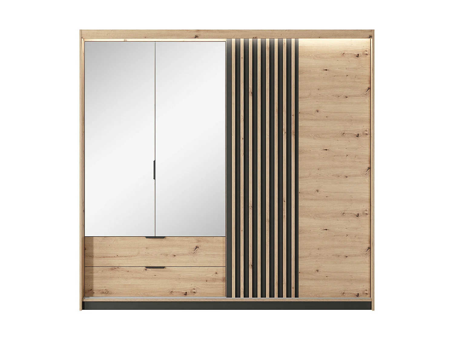 Ensemble lit coffre avec chevets 160 x 200 cm + Matelas + Commode + Armoire - Coloris : Naturel et noir - ARIADA