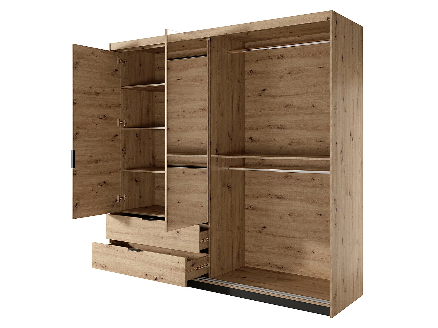 Ensemble lit coffre avec chevets 160 x 200 cm + Matelas + Commode + Armoire - Coloris : Naturel et noir - ARIADA