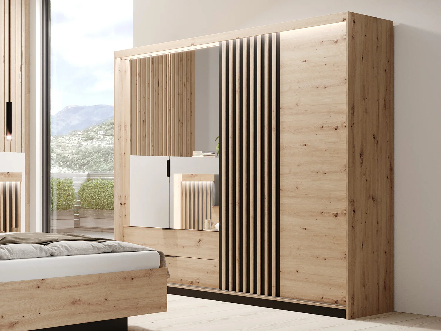 Ensemble lit coffre avec chevets 160 x 200 cm + Matelas + Commode + Armoire - Coloris : Naturel et noir - ARIADA