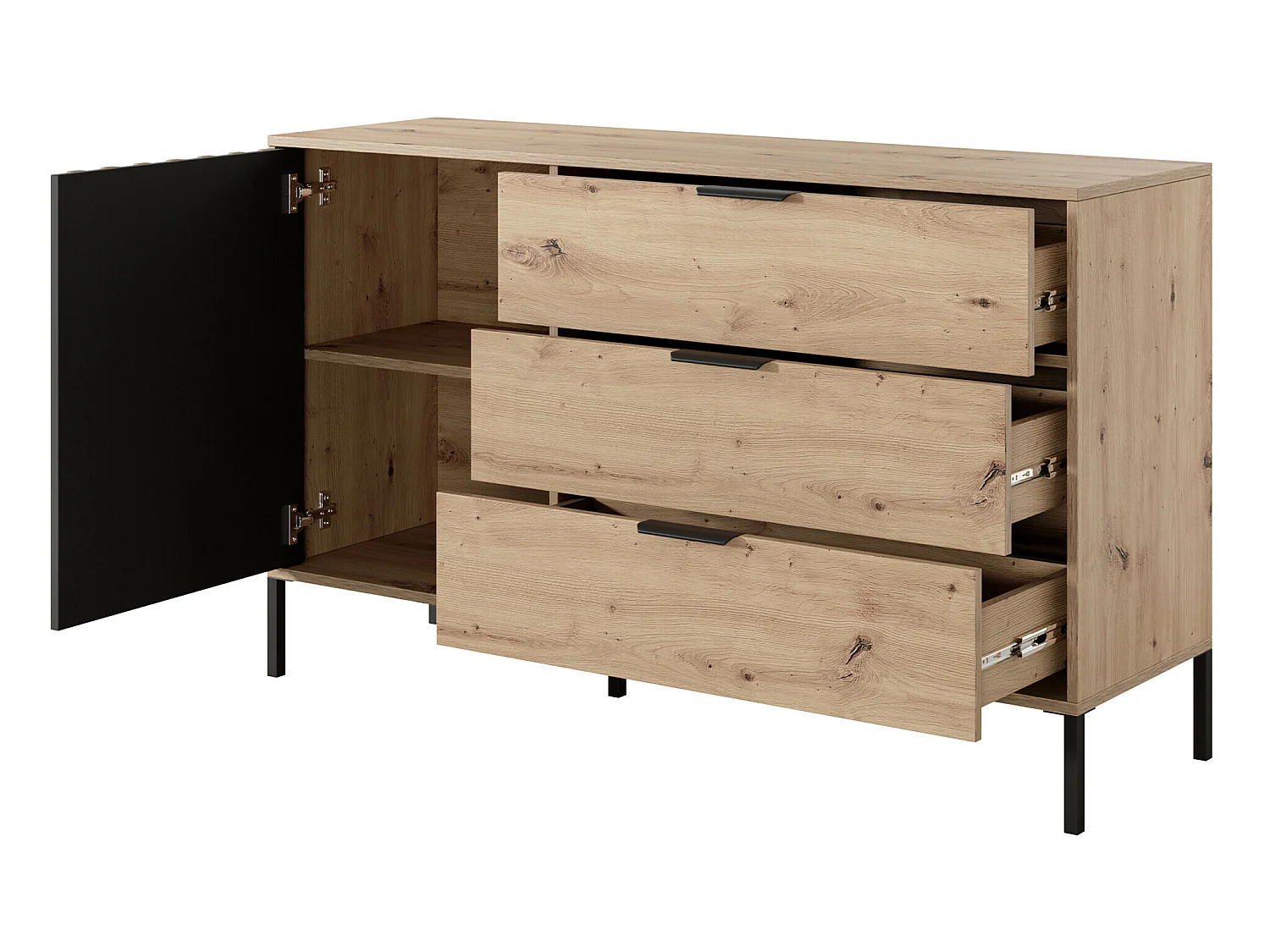 Ensemble lit coffre avec chevets 160 x 200 cm + Matelas + Commode + Armoire - Coloris : Naturel et noir - ARIADA