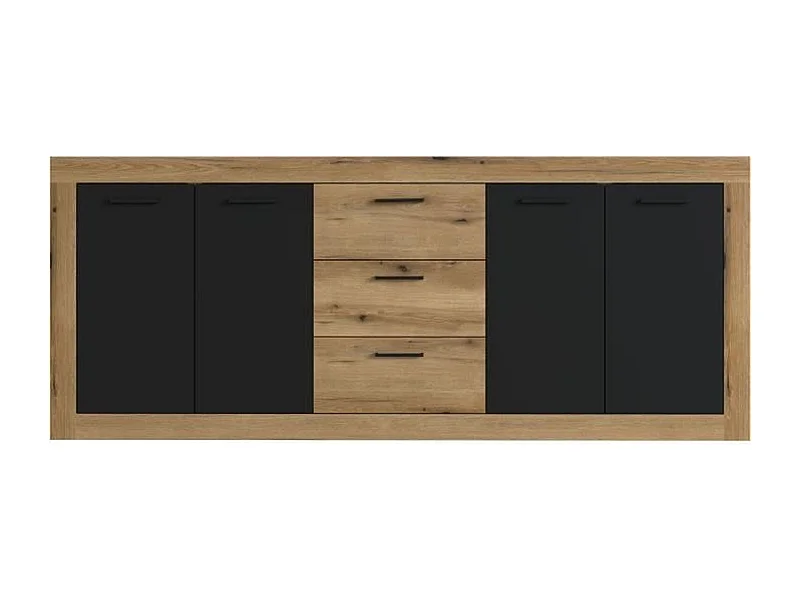 Buffet style industrile en mélaminé chêne et noir 4 portes + 3 tiroirs - 206 x 45 x 83,5 cm