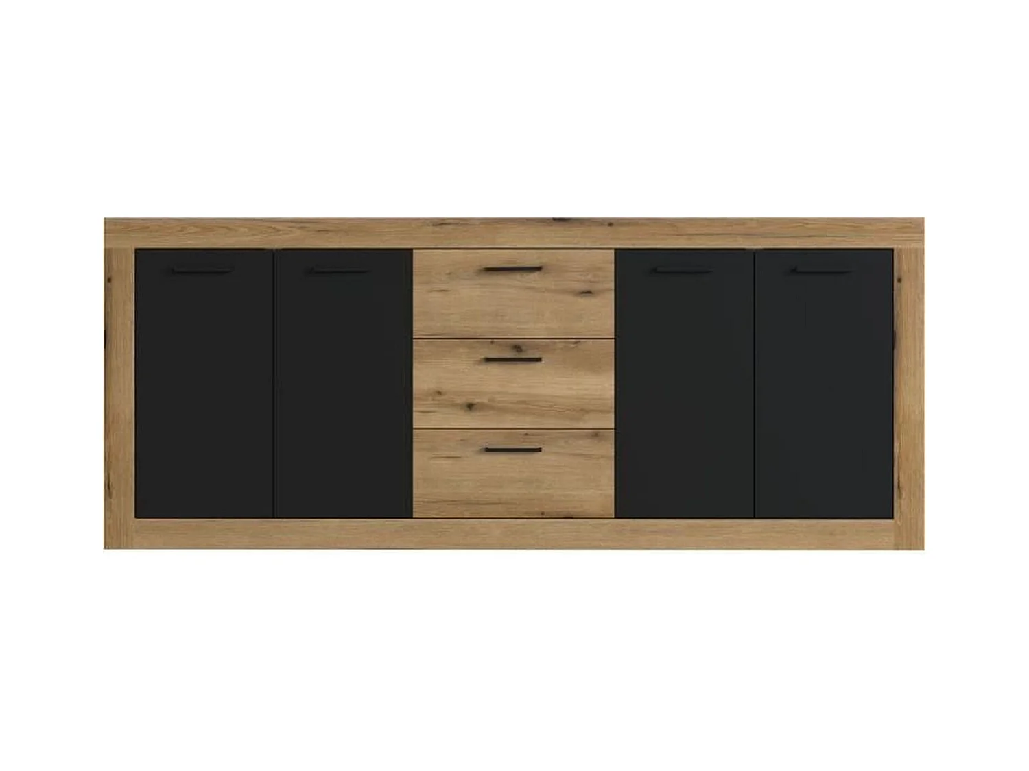 Buffet style industrile en mélaminé chêne et noir 4 portes + 3 tiroirs - 206 x 45 x 83,5 cm