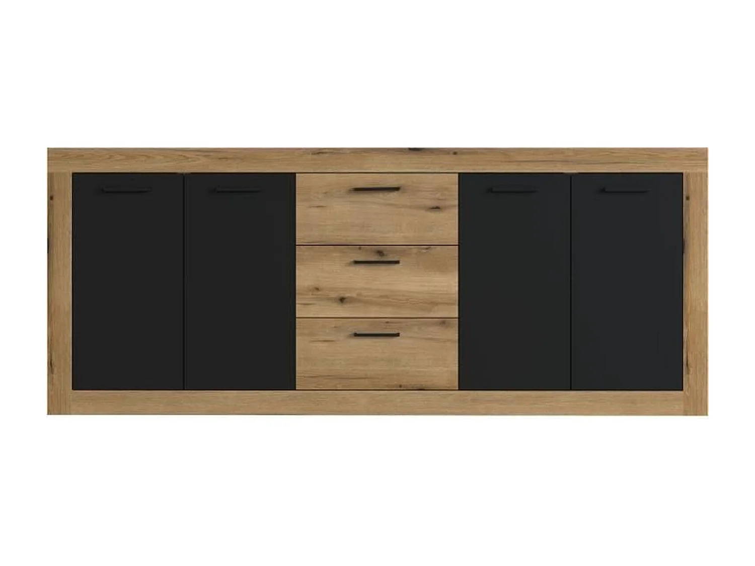 Buffet style industrile en mélaminé chêne et noir 4 portes + 3 tiroirs - 206 x 45 x 83,5 cm