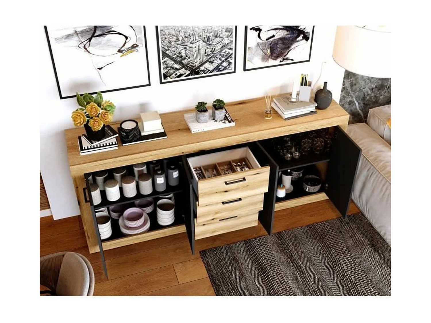 Buffet style industrile en mélaminé chêne et noir 4 portes + 3 tiroirs - 206 x 45 x 83,5 cm