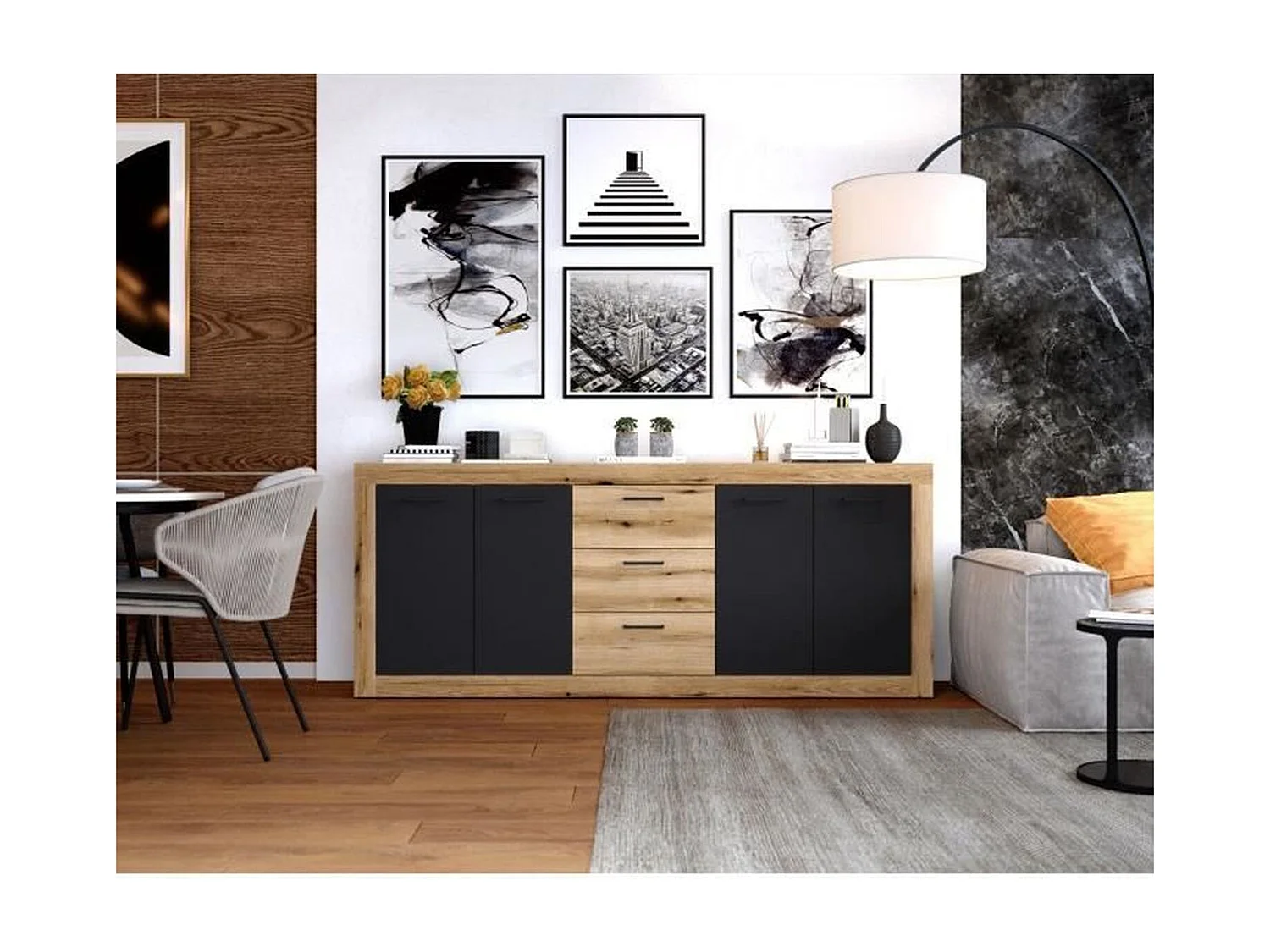 Buffet style industrile en mélaminé chêne et noir 4 portes + 3 tiroirs - 206 x 45 x 83,5 cm