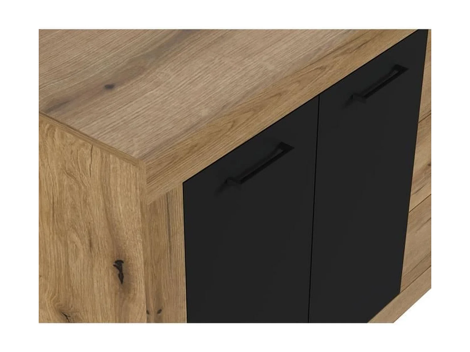 Buffet style industrile en mélaminé chêne et noir 4 portes + 3 tiroirs - 206 x 45 x 83,5 cm