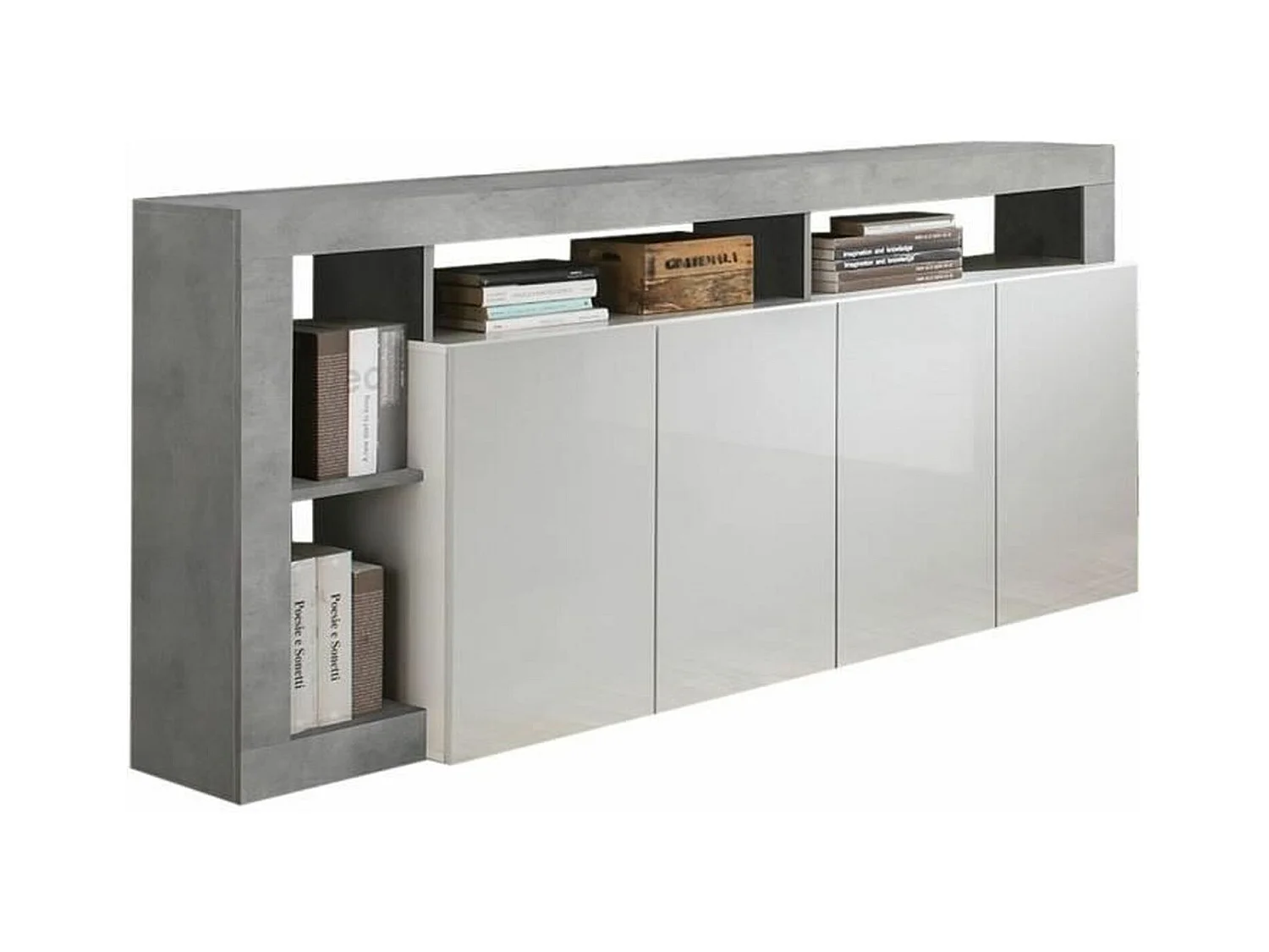 Buffet Maestro effet béton & laqué blanc brillant 4 portes - 184 x 42 x Hauteur 93 cm