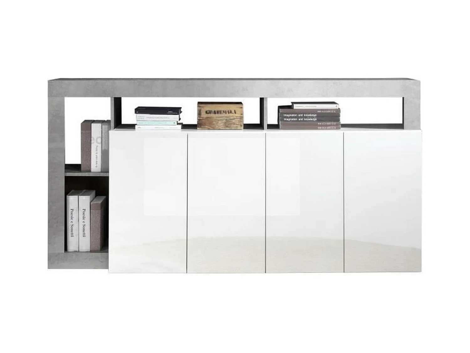Buffet Maestro effet béton & laqué blanc brillant 4 portes - 184 x 42 x Hauteur 93 cm