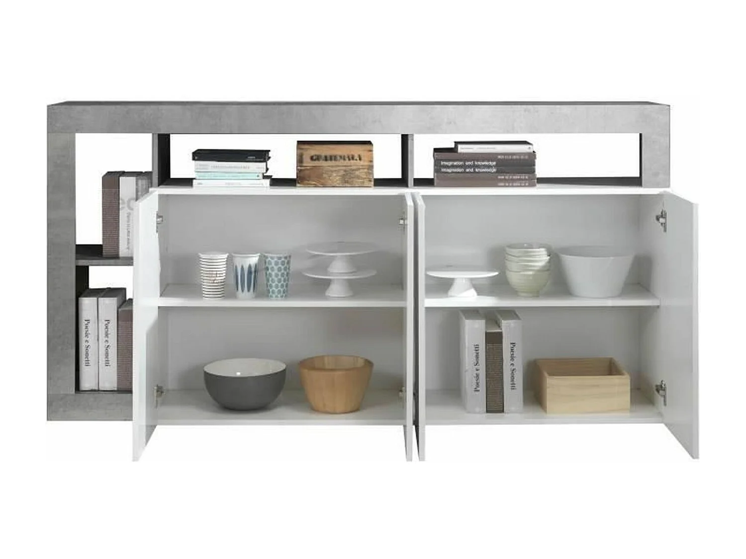 Buffet Maestro effet béton & laqué blanc brillant 4 portes - 184 x 42 x Hauteur 93 cm