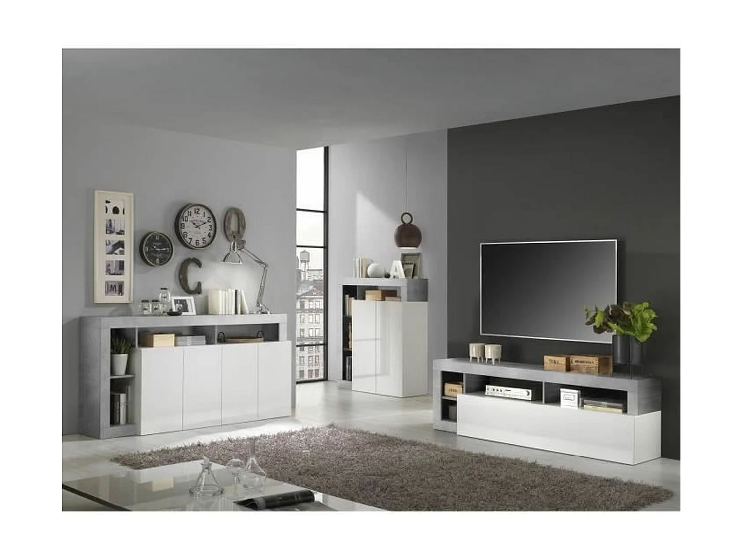 Buffet Maestro effet béton & laqué blanc brillant 4 portes - 184 x 42 x Hauteur 93 cm