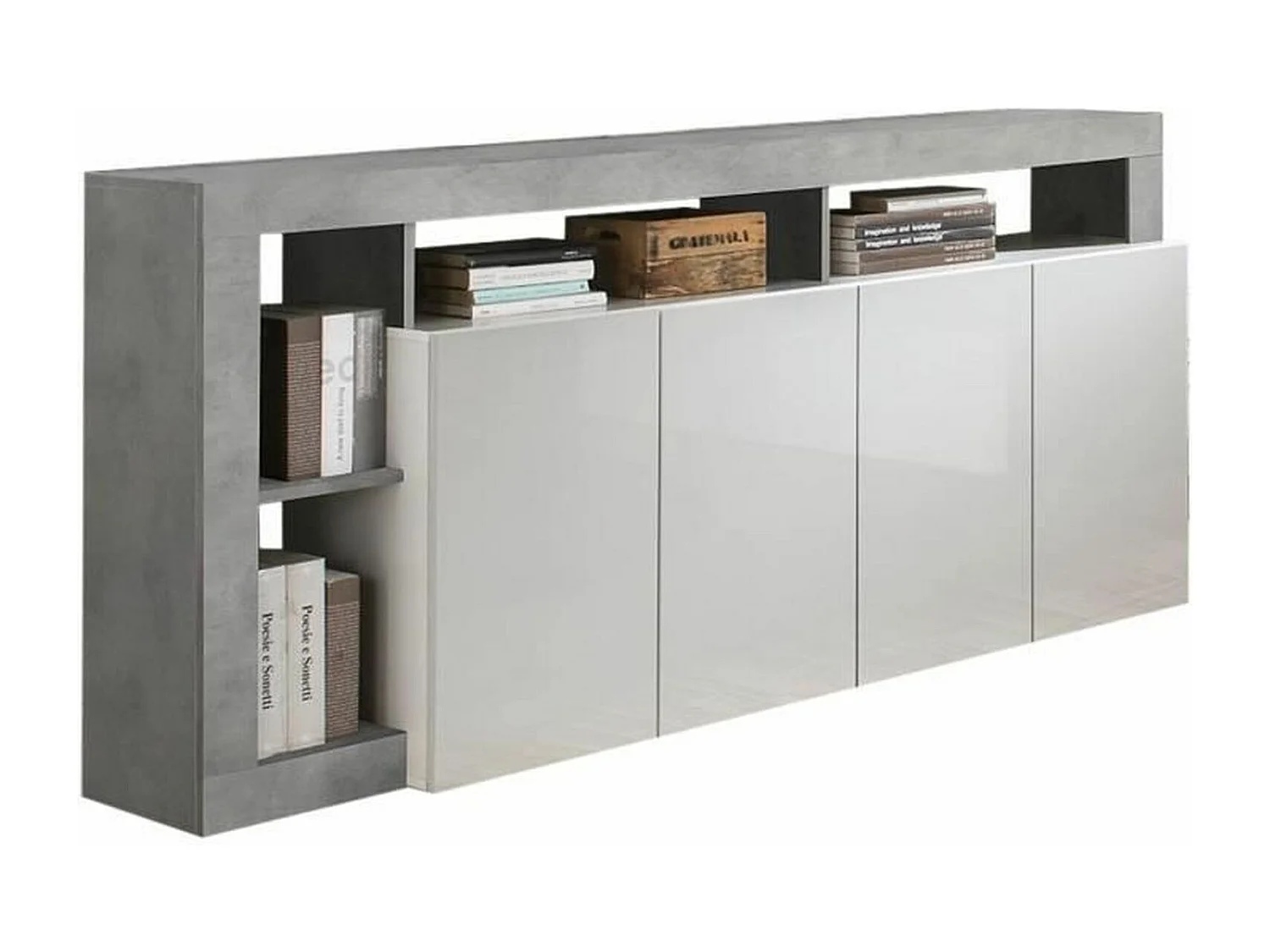 MaestroSideboard in Betonoptik und glänzend weiß lackiert, 4 Türen – 184 x 42 x Höhe 93 cm