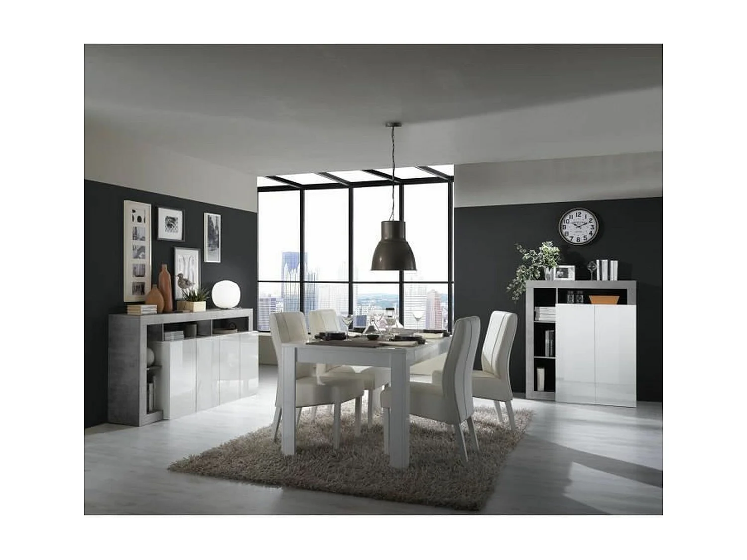 MaestroSideboard in Betonoptik und glänzend weiß lackiert, 4 Türen – 184 x 42 x Höhe 93 cm