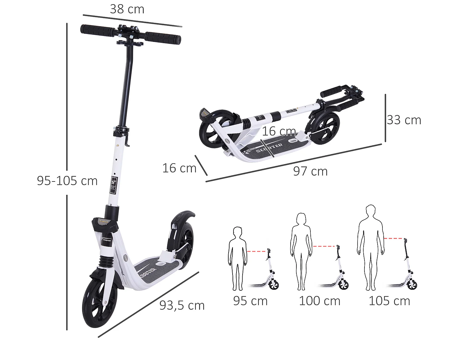 Patinete plegable blanco 93.5x38x105 cm HOMCOM