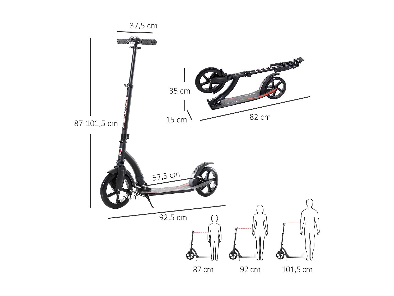 Patinete plegable negro 92.5x37.5x101.5 cm HOMCOM