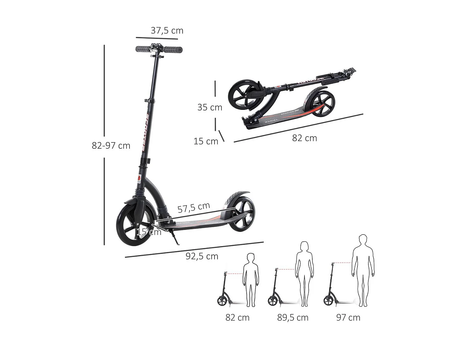 Patinete plegable negro 92.5x37.5x101.5 cm HOMCOM