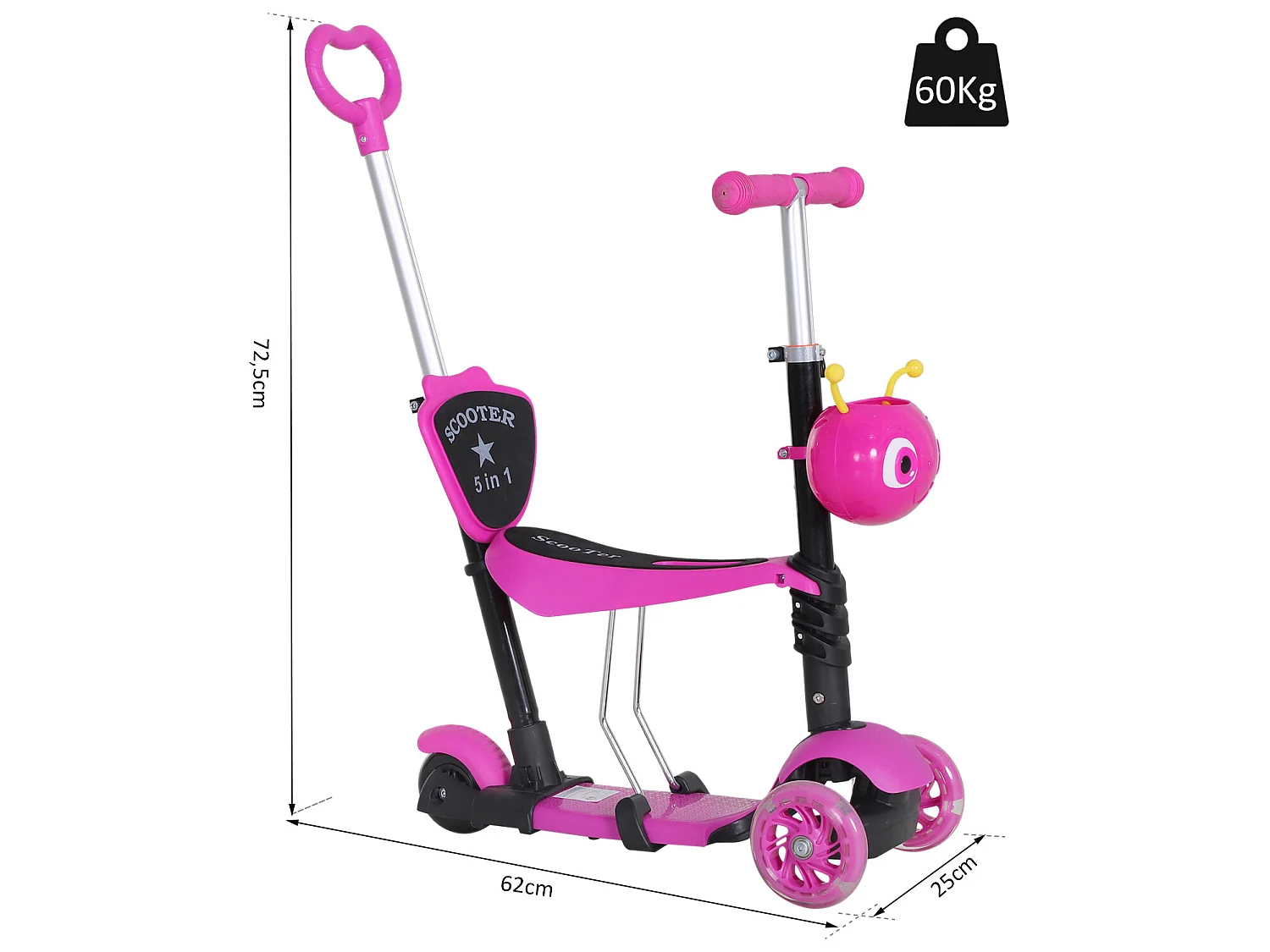 Patinete para niños rosa 62x25x72,5cm HOMCOM