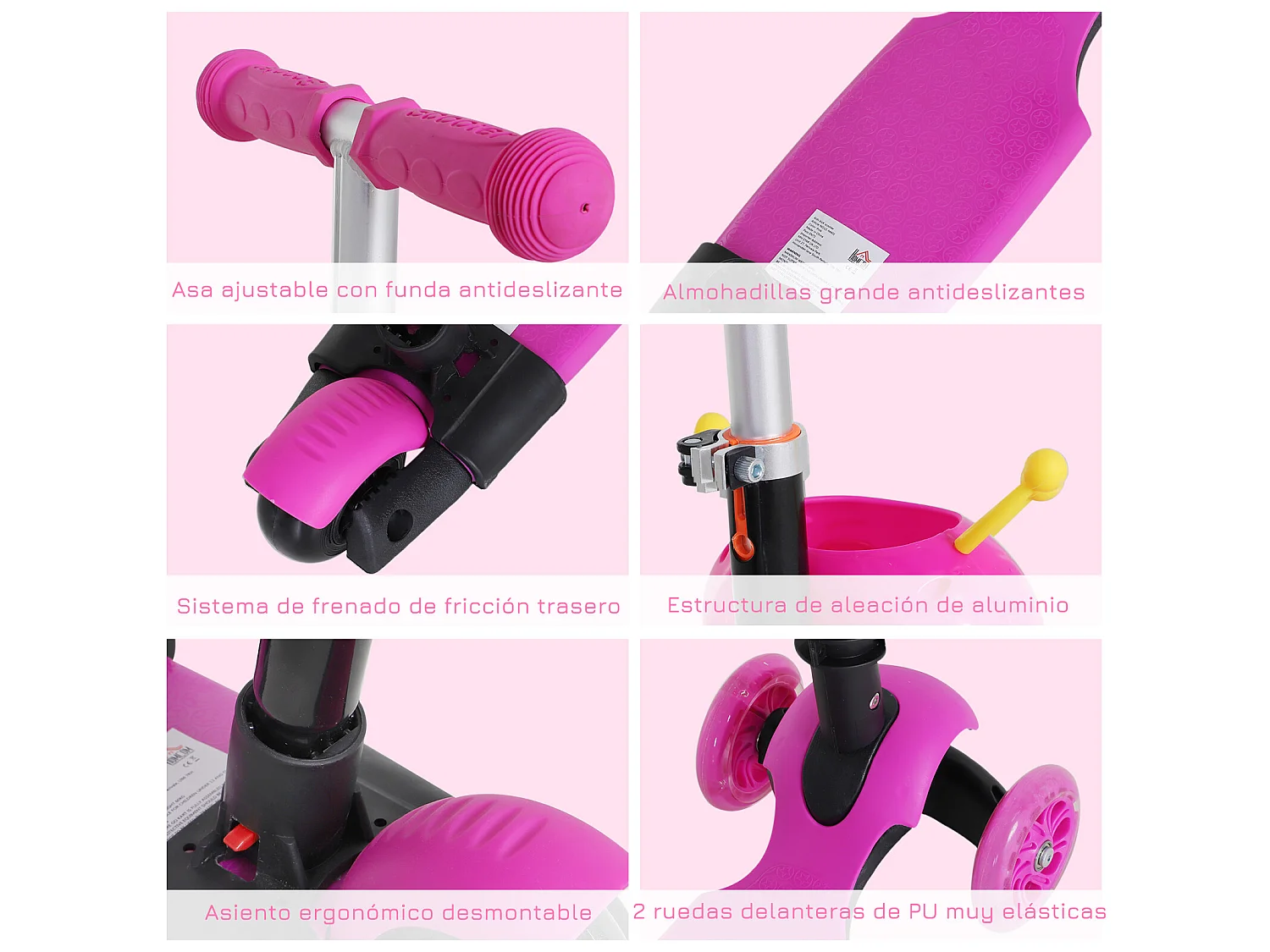 Patinete para niños rosa 62x25x72,5cm HOMCOM