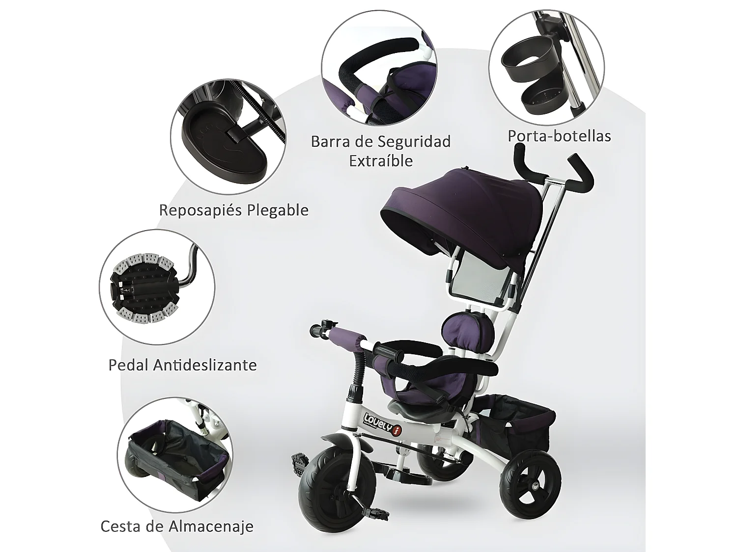 Triciclo para bebé morado 92x51x110 cm HOMCOM