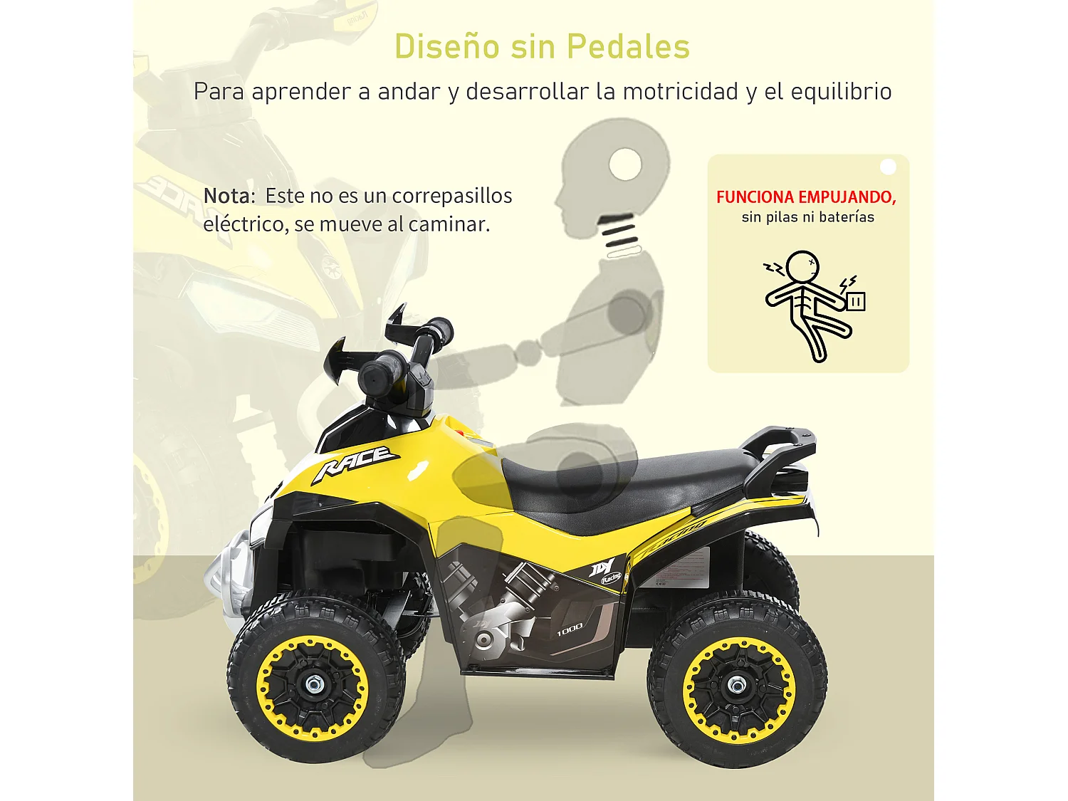 Quad correpasillo para niños amarillo 67.5x38x44 cm HOMCOM