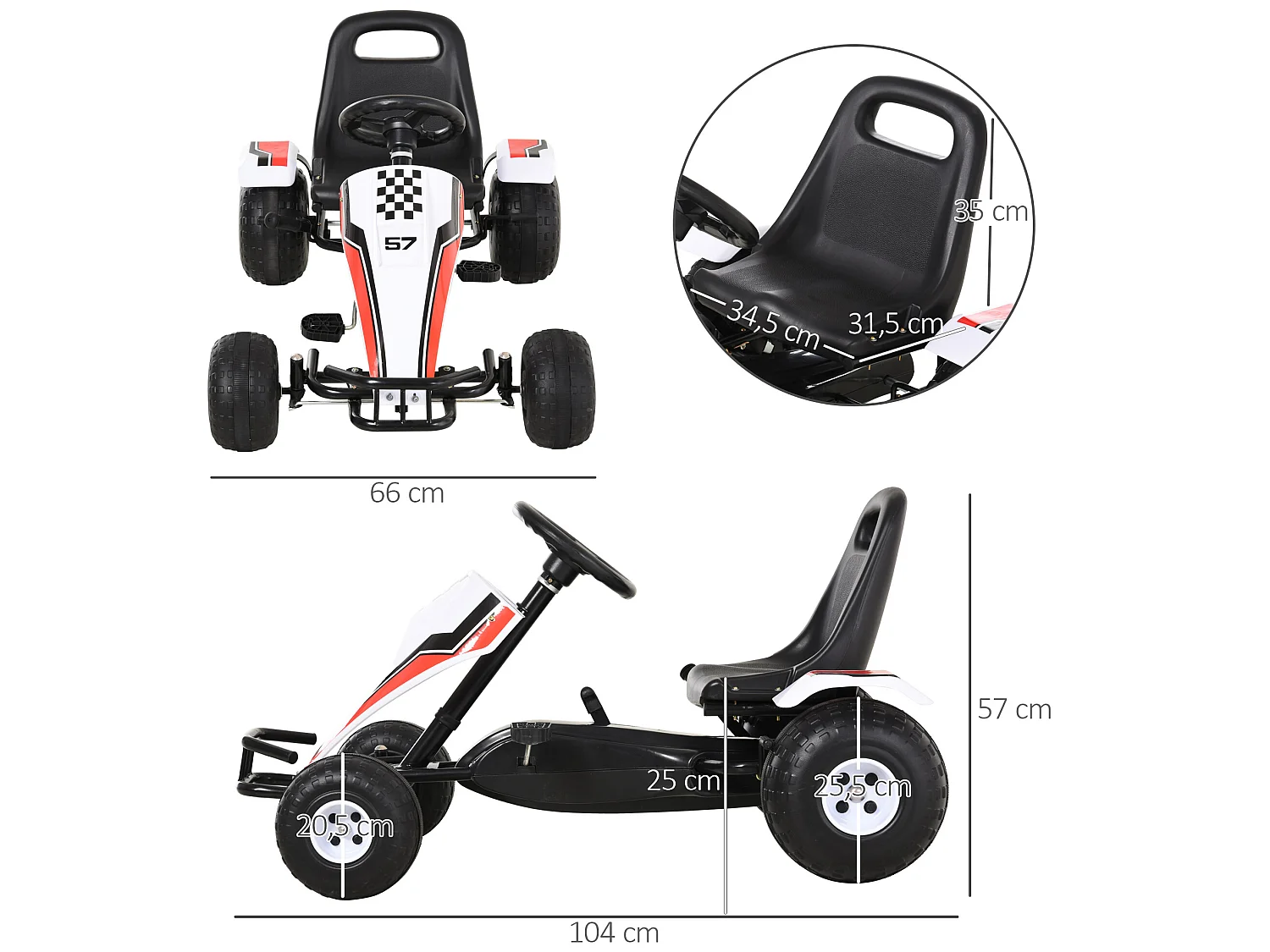 Go kart a pedales infantil blanco y negro 104x66x57 cm HOMCOM