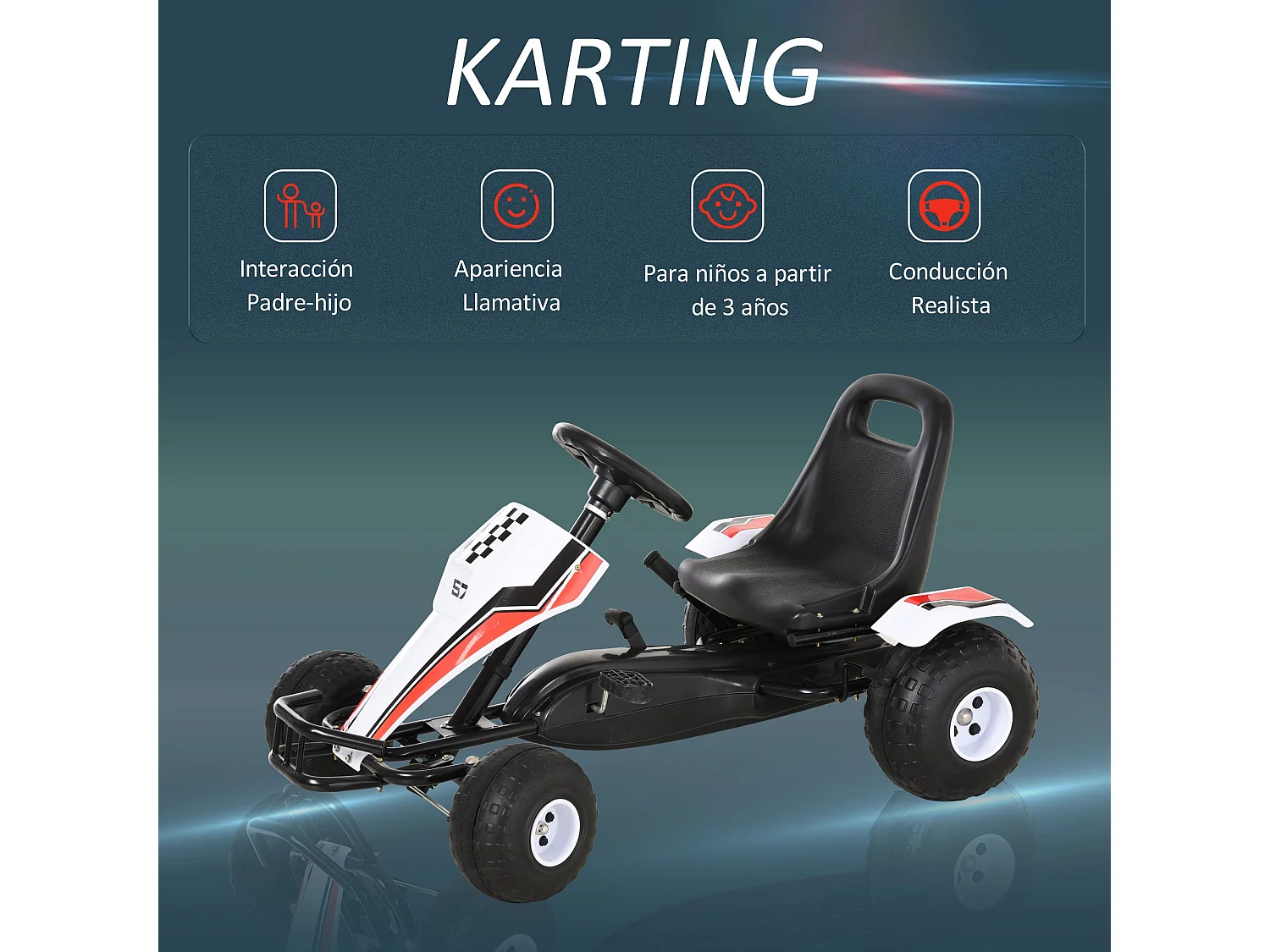 Go kart a pedales infantil blanco y negro 104x66x57 cm HOMCOM