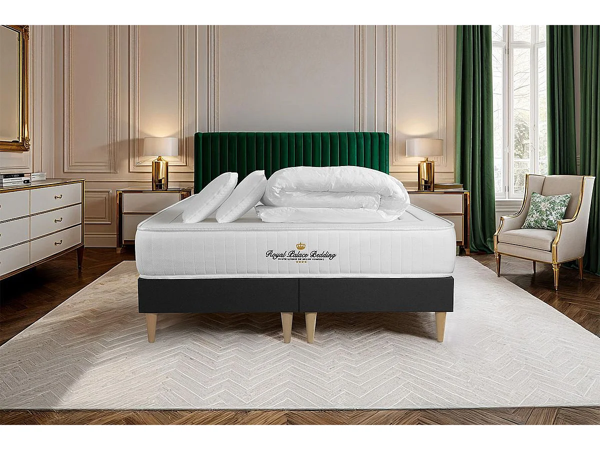 Pack matelas LANCASTER 160x200 + double sommiers noir 80x200 + Couette + 2 oreillers