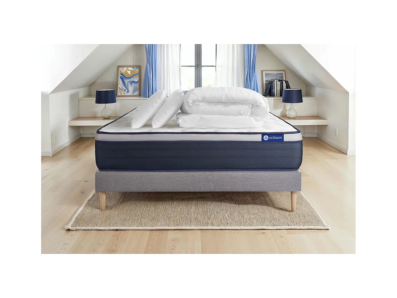 Pack prêt à dormir matelas Latex + Mémoire de forme ACTILATEX MAX 200x200 cm + sommier KIT gris + 2 oreillers + couette