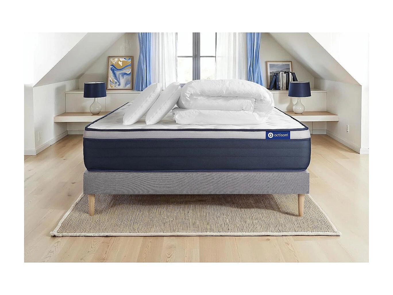 Pack prêt à dormir matelas Latex + Mémoire de forme ACTILATEX MAX 200x200 cm + sommier KIT gris + 2 oreillers + couette