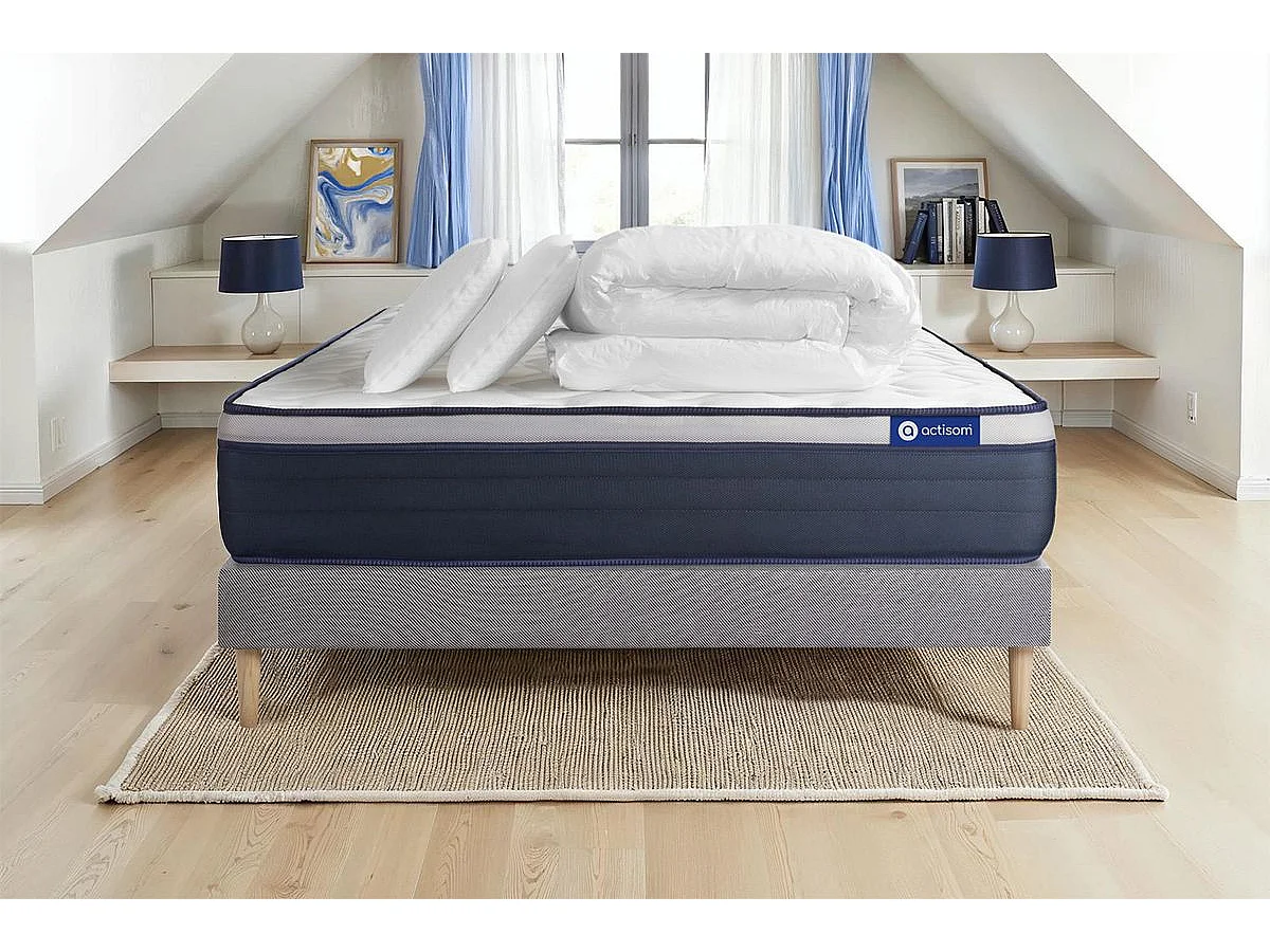 Pack prêt à dormir matelas Latex + Mémoire de forme ACTILATEX MAX 200x200 cm + sommier KIT gris + 2 oreillers + couette