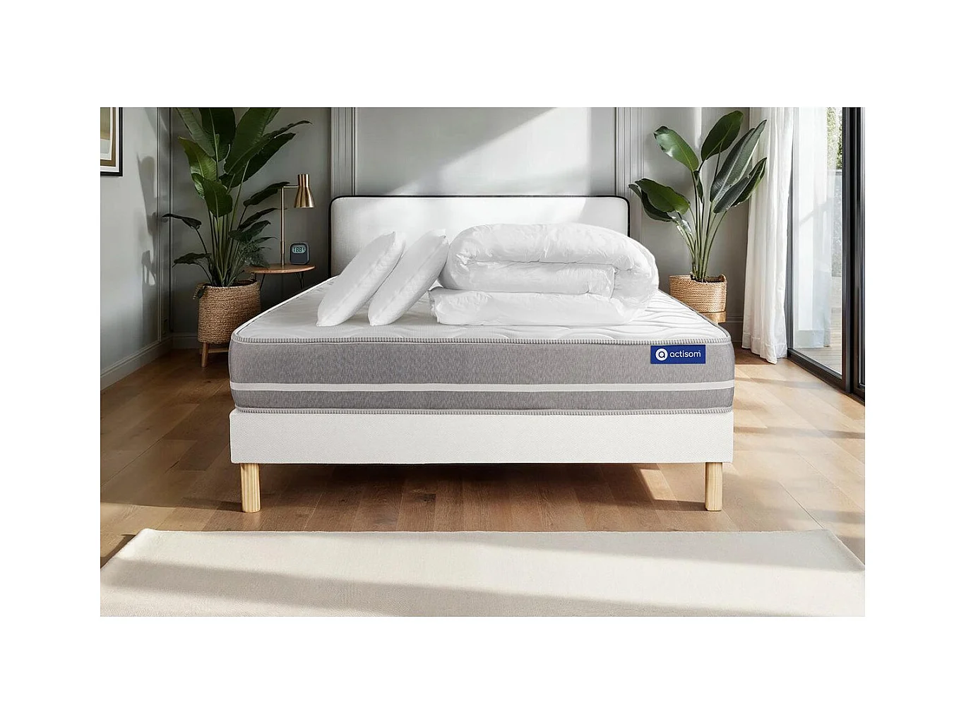 Pack prêt à dormir matelas Ressorts ensachés ACTIFLEX TOUCH 140x200 3zones confort + sommier KIT blanc + 2 oreillers +couette