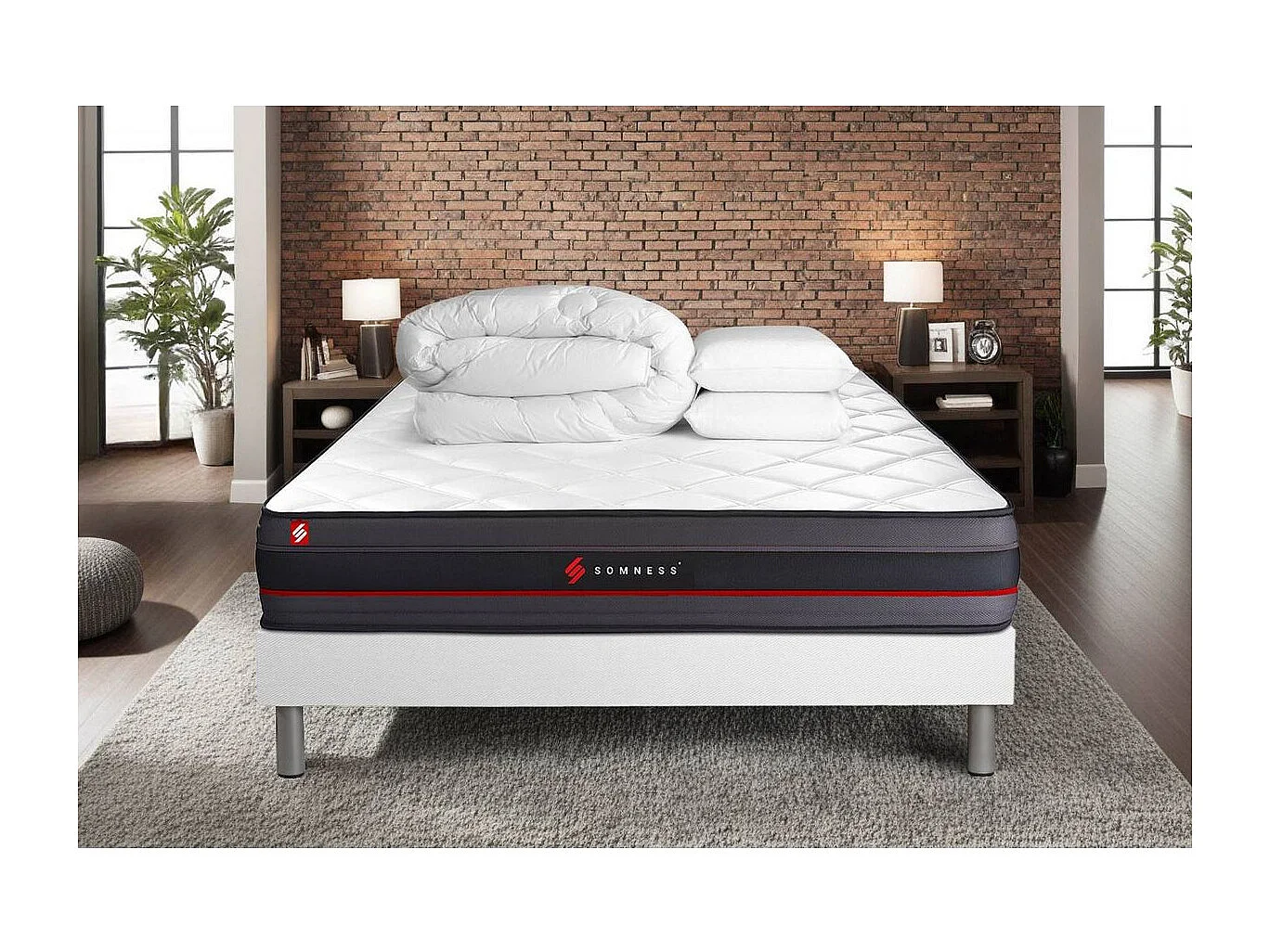 Pack prêt à dormir 200x200 matelas REGEN à mémoire de forme + sommier kit blanc + Couette 260x240cm + 2 oreillers 60x40cm