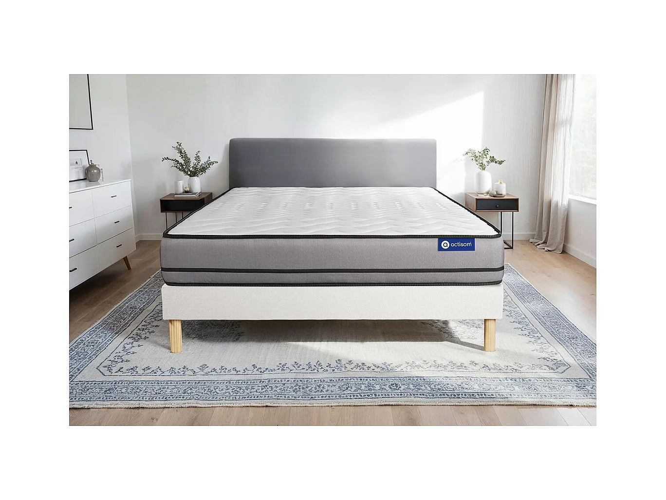Ensemble matelas ACTILATEX 200x200cm 2 faces à MÉMOIRE DE FORME+LATEX 3zones de confort + sommier KIT blanc