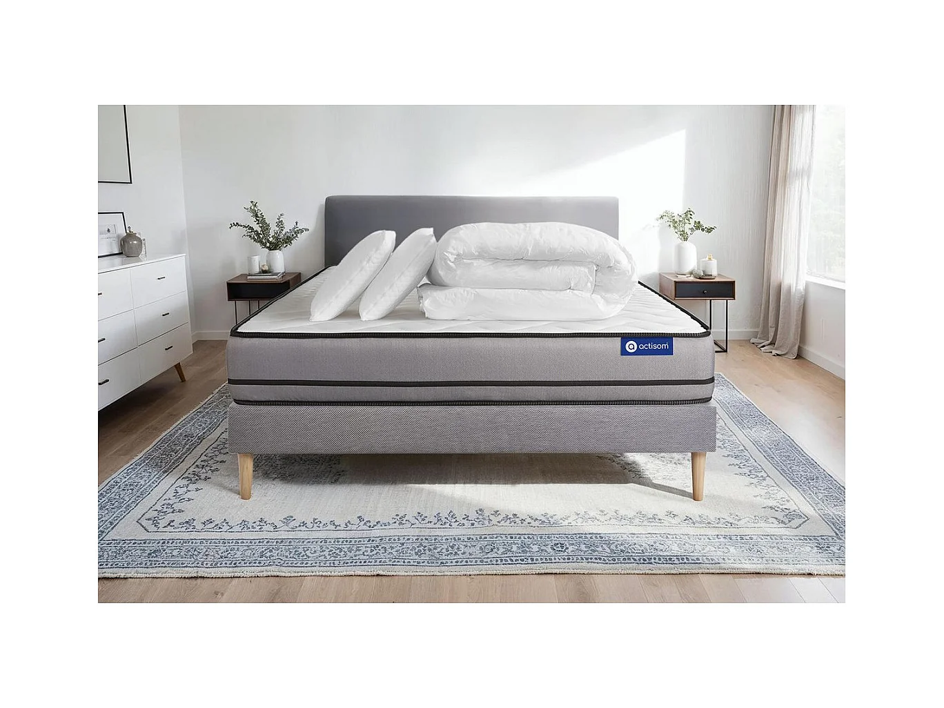 Pack prêt à dormir matelas ACTILATEX 180x200cm à MÉMOIRE DE FORME + LATEX + sommier KIT gris + 2 oreillers + couette