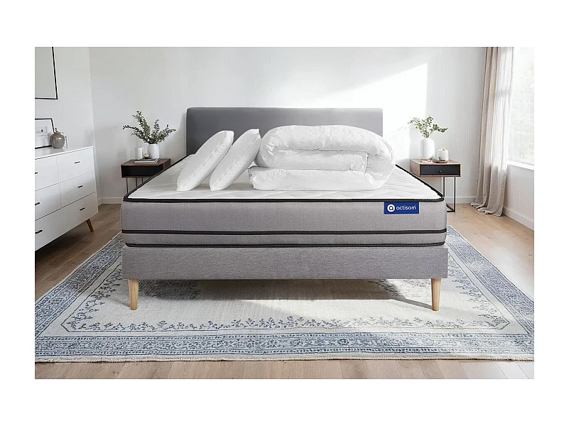 Pack prêt à dormir matelas ACTILATEX 180x200cm à MÉMOIRE DE FORME + LATEX + sommier KIT gris + 2 oreillers + couette