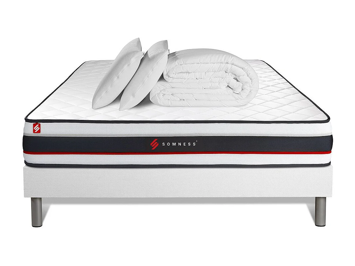 Pack prêt à dormir 140x190 matelas FORM + sommier kit blanc + 2 oreillers mémoire de forme 60x40cm + Couette Percale 240x220 cm