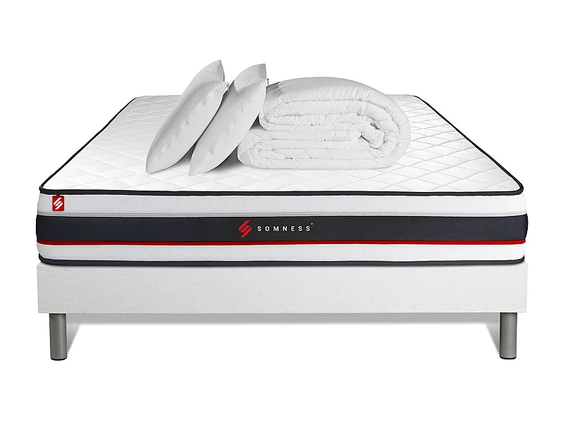 Pack prêt à dormir 140x190 matelas FORM + sommier kit blanc + 2 oreillers mémoire de forme 60x40cm + Couette Percale 240x220 cm