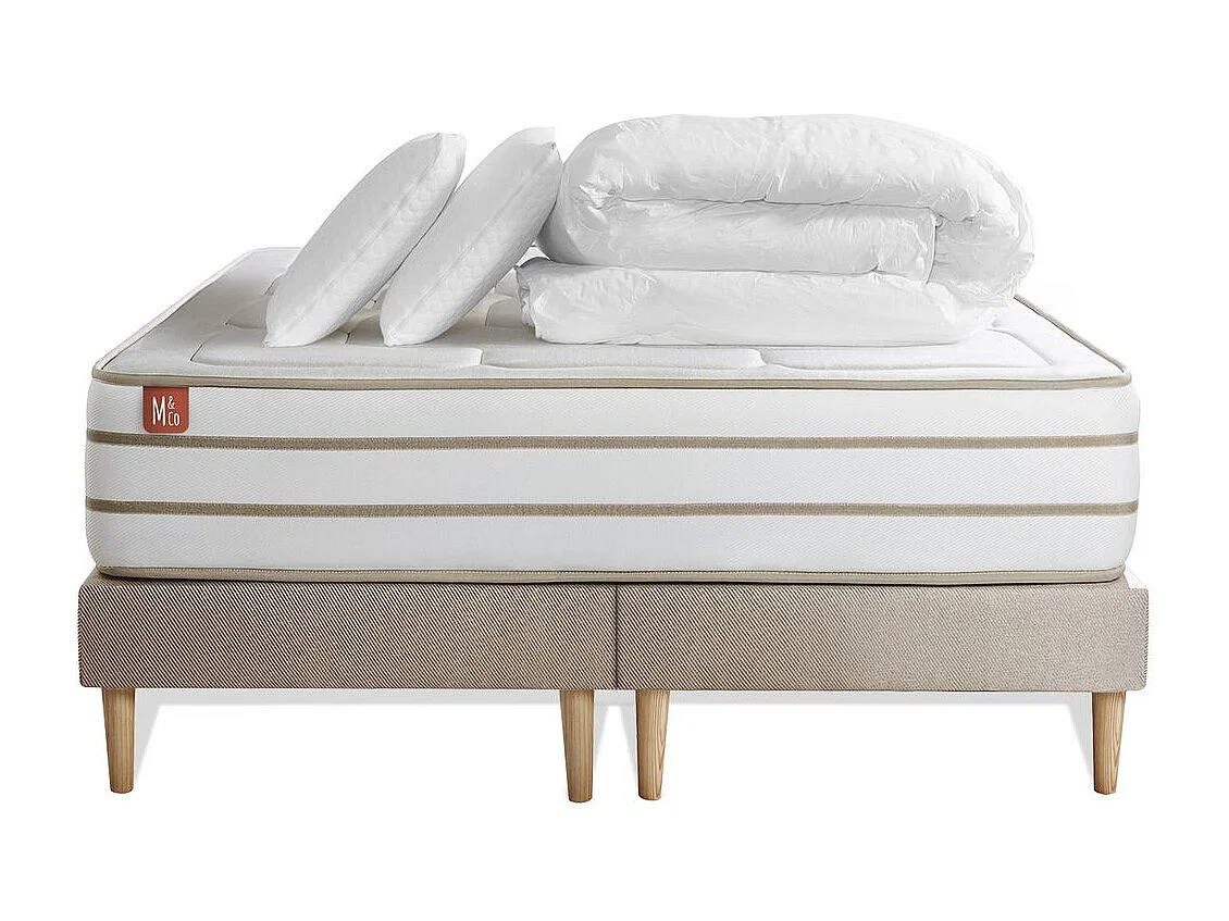 Pack prêt à dormir matelas LE DOUILLET 180x200cm Mémoire de forme BioVisco + double sommiers Beige + 2 oreillers + couette