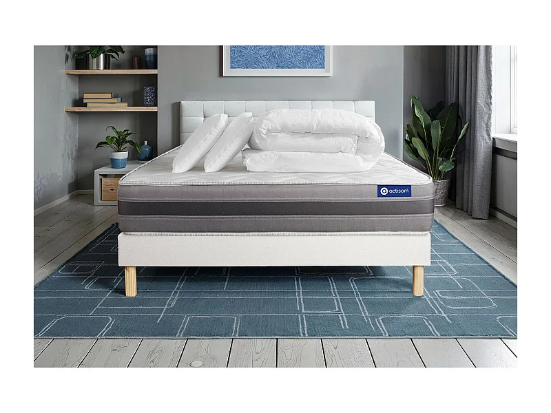 Conjunto completo de cama - Colchão 140x200 cm + estrado de molas com ripas (kit) + 2 almofadas + Edredão - Actimemo Relax