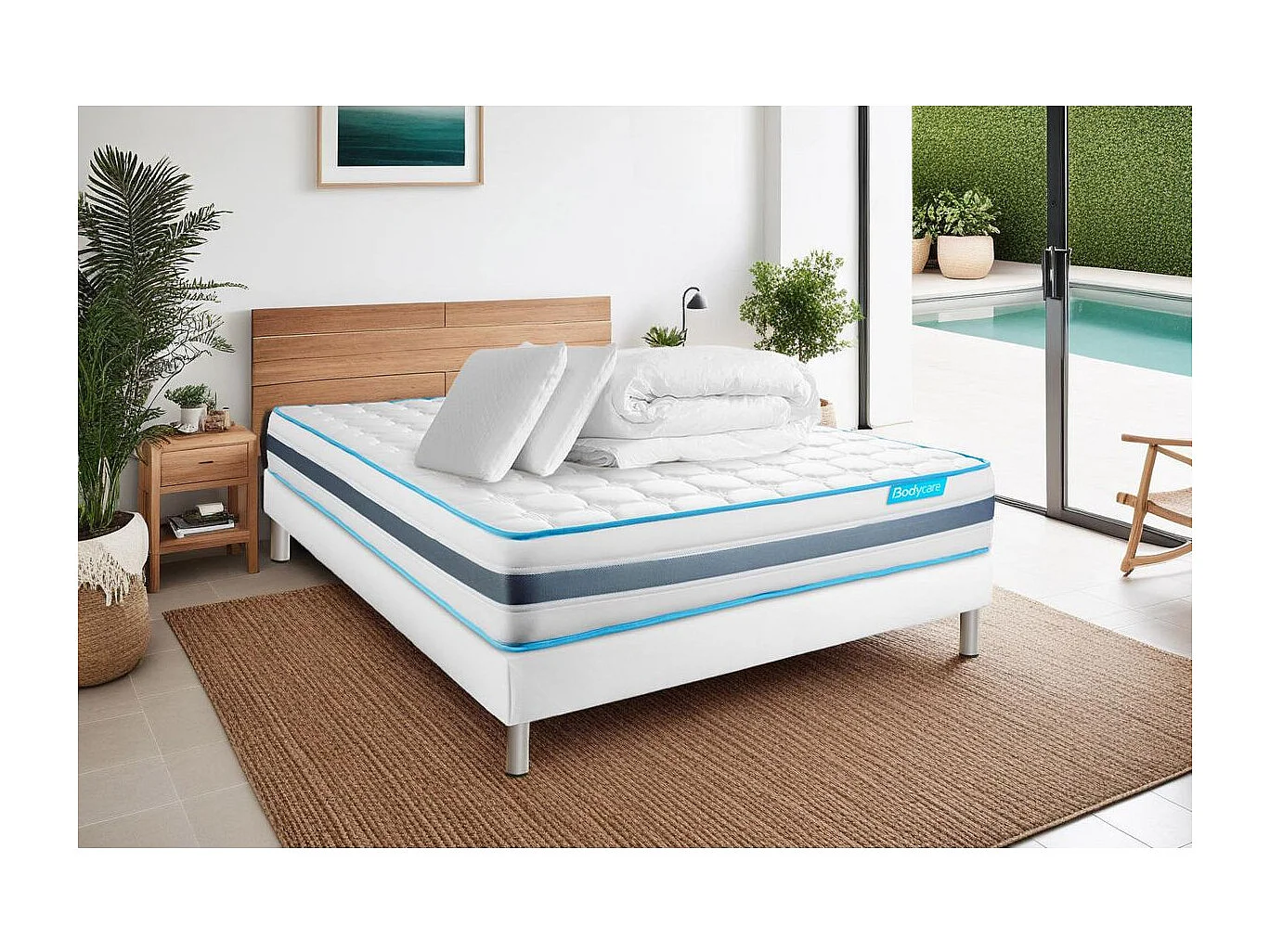 Pack 160x200 matelas BodyFlex + sommier kit blanc + Couette 260x240cm + 2 oreillers 60x40cm