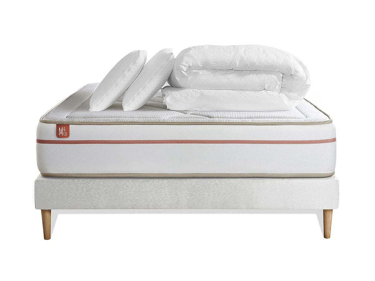 Pack prêt à dormir matelas LE PAISIBLE 140x200cm Mémoire de forme BioVisco + sommier kit Blanc + 2 oreillers + couette