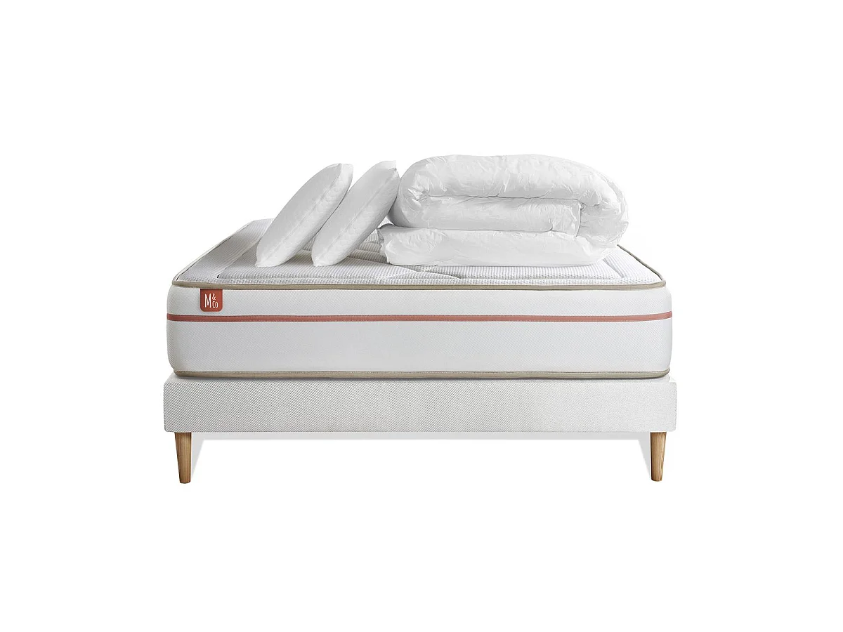 Pack prêt à dormir matelas LE PAISIBLE 140x200cm Mémoire de forme BioVisco + sommier kit Blanc + 2 oreillers + couette