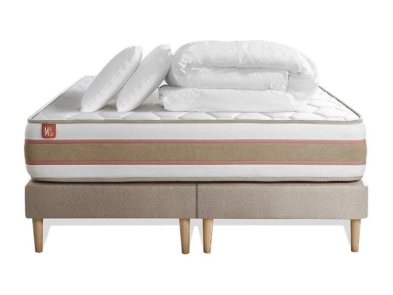 Pack prêt à dormir matelas LE DÉLICAT 160x200 Ressorts ensachés et Mémoire de forme + double sommiers Beige
