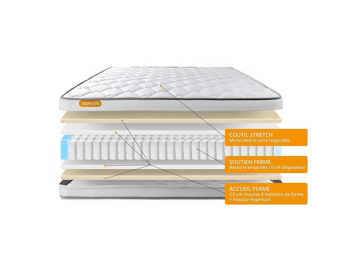 Matelas + sommier gris 90x190 Memo Spring Ressorts ensachés 3 zones de confort MAXI épaisseur